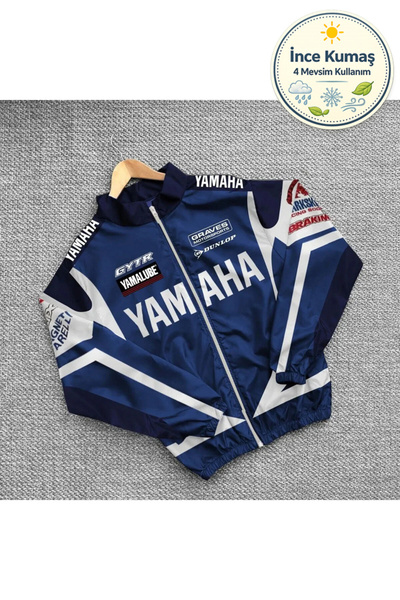 Lushen Yamaha Mavi Unisex Paraşüt Kumaş Oversize Baskılı Siyah Rüzgarlık Yağm...