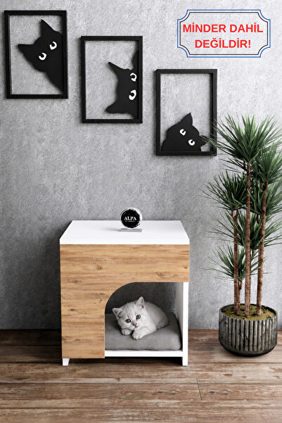 alpaevmobilya Ahşap Kedi Evi Kapalı Kedi Yatağı Yuvası Dekoratif Modern Komod...