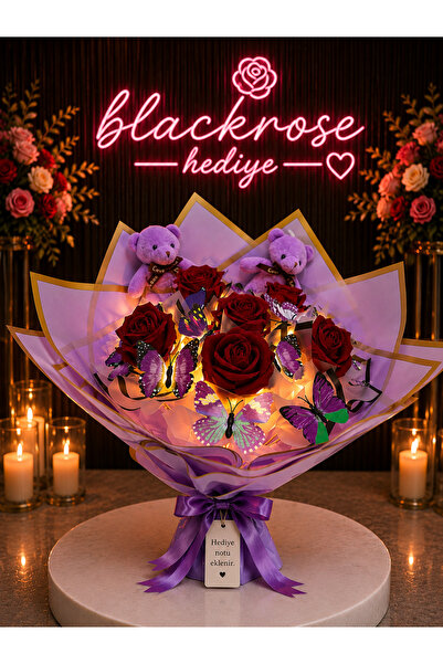 blackrosehediye Led Işıklı Mor Kelebek Buketi , Gül Buketi Sevgiliye Özel Hed...