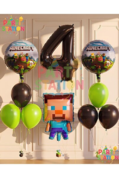 Parti Station Minecraft Konsept Doğum Günü 4 Yaş Balon Set Minecraft Parti Te...
