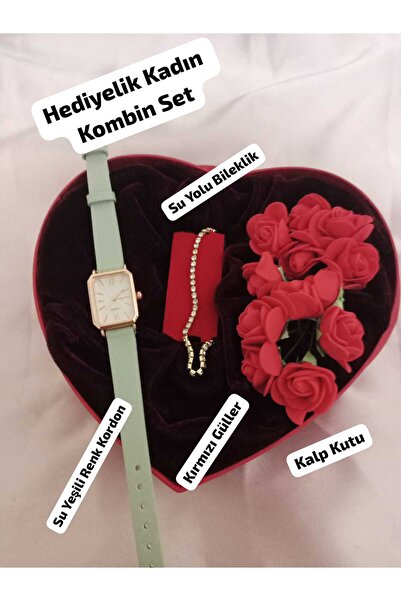 QUARTZ HEDİYELİK KADIN SAAT SETİ KOMBİN, KIRMIZI KALP KUTU, SU YOLU BİLEKLİK,...