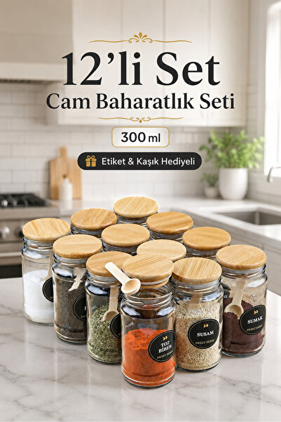 Lizzy 12'li Ahşap Bambu Vakumlu Kapaklı 500 ml Boru Cam Kavanoz Jumbo  Bahara...