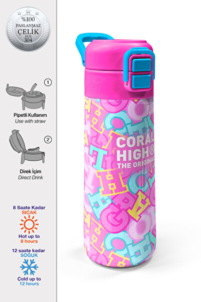 Coral High Kids Pink Water Green Letter Patterned Steel Thermos with Straw an...