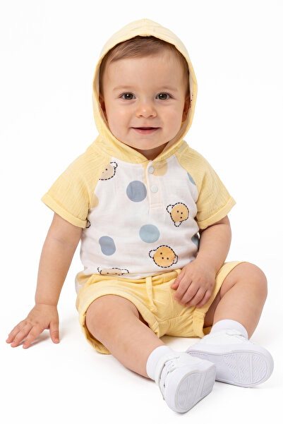 bebegen Baby Boy Yellow and White Bear Printed Hooded Shorts Muslin 2-Piece Set