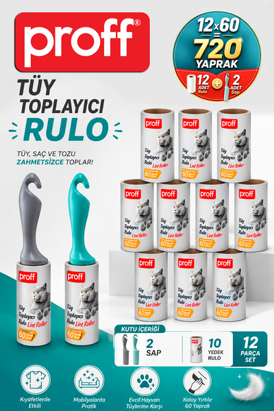 Proff Tüy Toplayıcı 12 Li Yedek Rulo ve 2 Adet Aparat (12X60 = 720 YAPRAK)