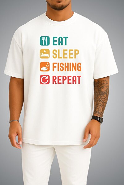 Bahriyeli Collection Oversize Eat Sleep Fishing Repeat Chest Printed Unisex T...