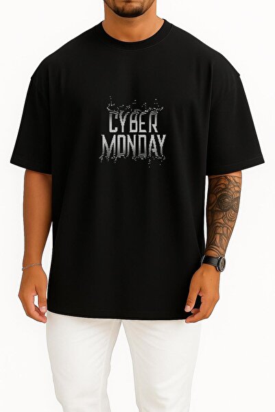 Bahriyeli Collection قصة فضفاضة تي شيرت للجنسين بتصميم Cyber ​​Monday على الصدر