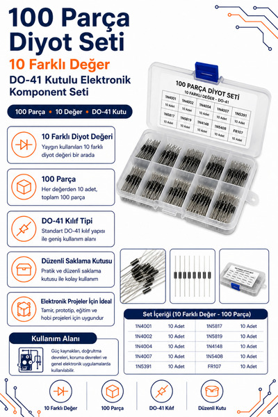RobotikDepo 100 Parça Diyot Seti – 10 Farklı Değer DO-41 Kutulu Elektronik Ko...