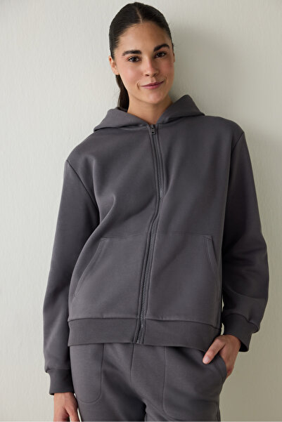 Penti Gri Fermuarlı Kapüşonlu Spor Sweatshirt