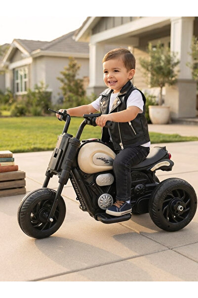 Yallabena Children's Electric Motorcycle – Beige & Black Kids Ride-On Toy wit...
