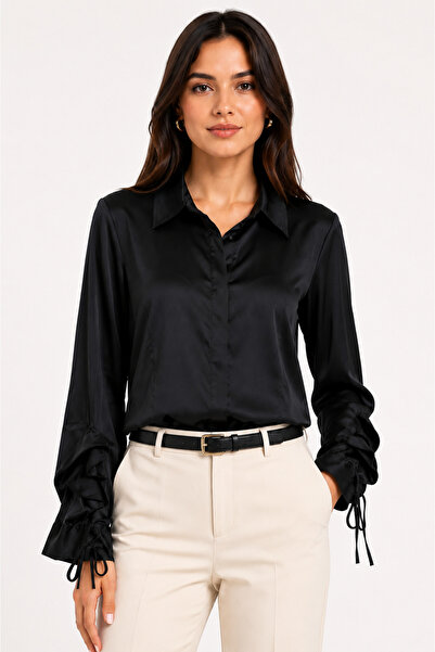 Basics&More Women's Satin Shirt Long Sleeve Lace Sleeve Stylish Blouse - Black