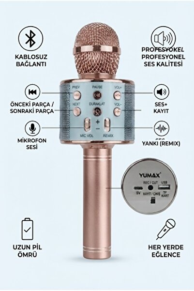 yumax Kablosuz Karaoke Mikrofon – Bluetooth, 60 Desibel Metal Gövde, USB & SD...