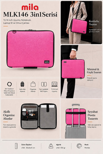 Mila 3in1 Series Mlk146 13,14 Inch Compatible Tablet, Laptop Hand and Shoulde...