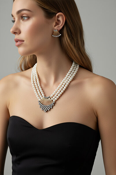 FUYA JEWELLERY Kaburga İnci Kolye, Küpe Set