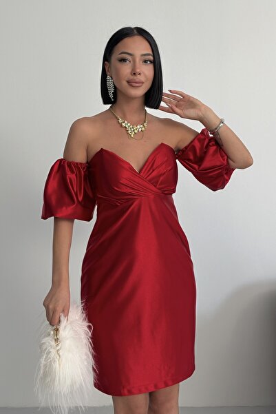 ALFUDO Moda Collection Bandeau Balon Kol Bodycon Mini Kırmızı Abiye Elbise
