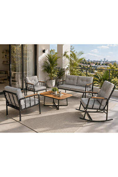 todek home Liva Nesta Konfor Bahçe Balkon Seti Siyah Metal İskelet Sallanır K...