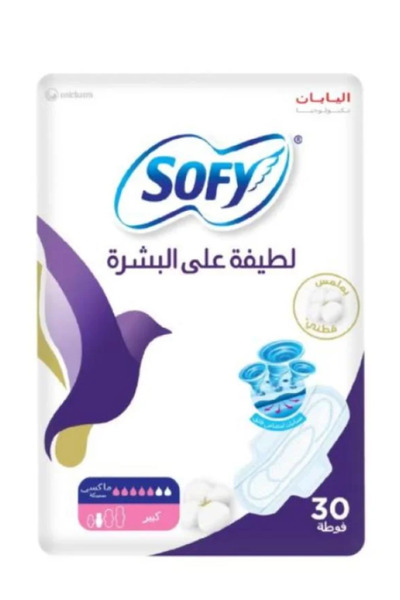 sofy فوط صحية بأجنحة، رقيقة، كبيرة، 29 سم، لطيفة على البشرة، عبوة من 30 فوطة