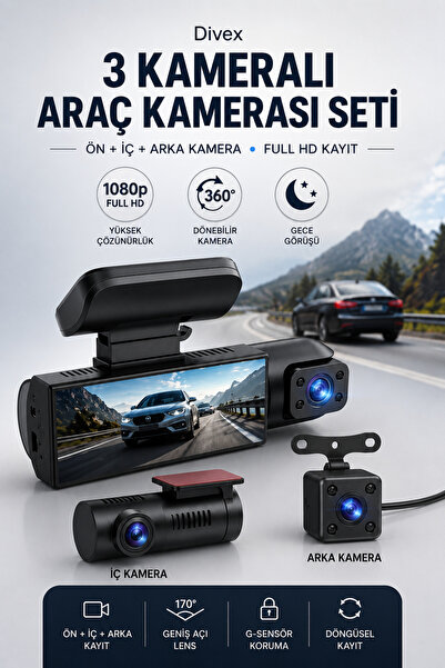 Divex 1296P Ultra HD Çift Araç Kamerası Seti - 360° Dönebilir Lens, Gece Görü...