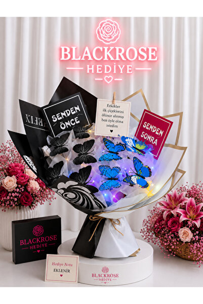 blackrosehediye Uzun Saplı LED Işıklı Siyah Mavi Kelebek Buketi | Senden Önce...