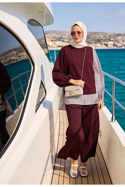 Aselim Hijap Moda Kadın Tesettür Takım Line İkili Gömlek Takım KoyuBordo