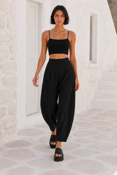 Generic Brand Pantaloni de damă Fristilya, negri, cu talie elastică, din lycr...