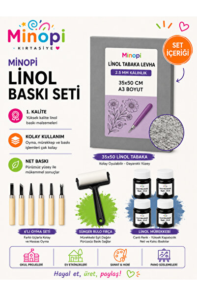 Minopi ورق لينول 2.5 مم 35×50 سم، حبر أسود، أسطوانة إسفنجية، مجموعة نحت من 6 قطع