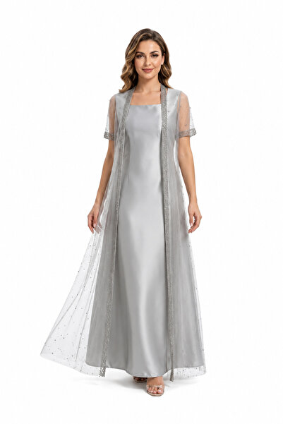 1111112 Women's Silver Satin Evening Gown Long Dress with Sheer Mesh Applique...