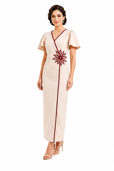 unbranded Women's Blush Pink Midi Evening Dress with Burgundy Floral Appliqué...