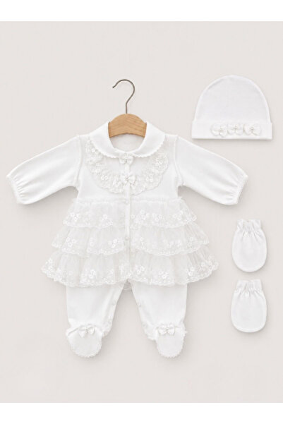Kardeşler Bebe Dantelli Patikli Tulum Seti (Bere & Eldivenli)