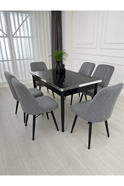 MEDA CONCEPT 6 Kişilik Açılabilir Yemek Masası Takımı 6 Sandalyeli Siyah Merm...