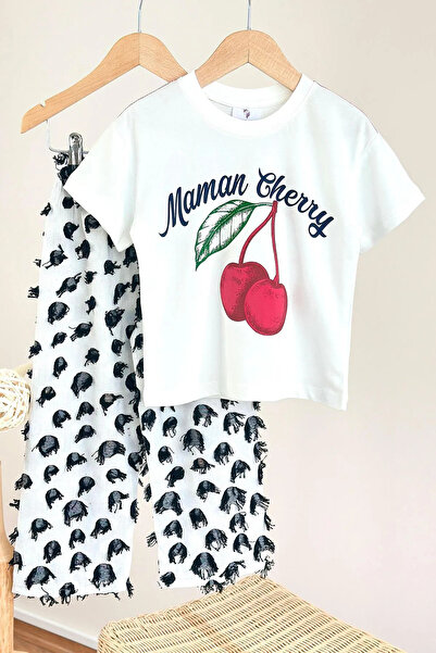 Minigimin Cicileri My Little One's Cherry Printed T-Shirt and Patterned Woven...