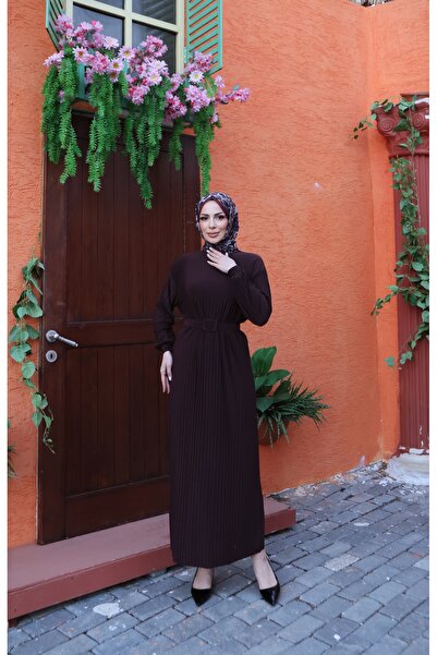 NİSUM MODA فستان طويل بحزام وطيات كاملة