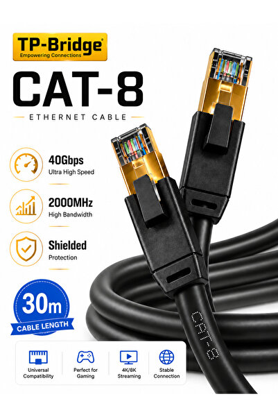 TP-BRIDGE كابل إيثرنت CAT8 بطول 30 متر - 24AWG نحاس OFC S/FTP LSZH 2000 ميجاه...