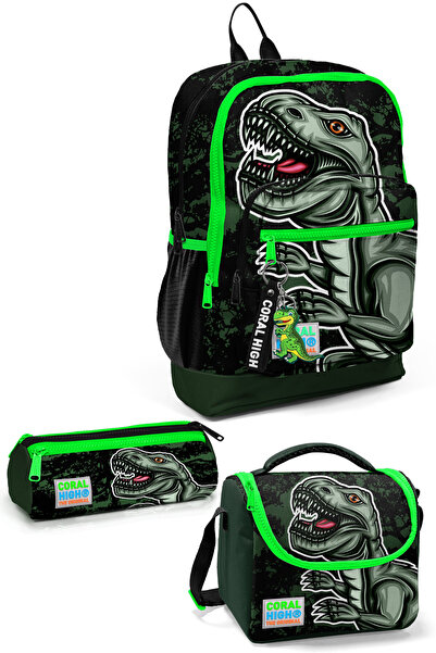 Coral High Kids Koyu Yeşil Siyah Dinazor Desenli 3’lü Okul Çanta Seti SET0123725