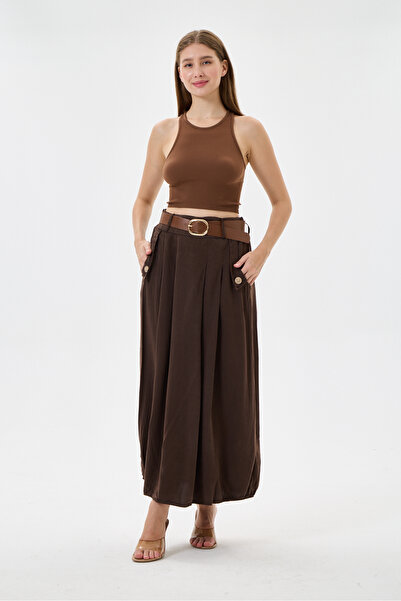 della moor Italian Brown Elastic Waist Double Side Pockets Belted Pleated Ten...