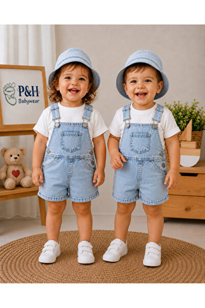 P&H BABYWEAR Kanguru Cepli Şapkalı Tişörtlü Unisex Kot Salopet 3'Lü Takım