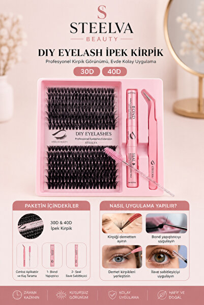STEELVA Takma Kirpik Seti 280'li Yapistirici Sabitleyici + Cımbız+ Tarama Fir...