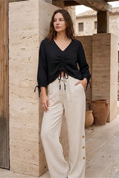 clavia Muslin Drawstring and Tie Detail V-Neck Summer Women's Blouse - Tshirt...