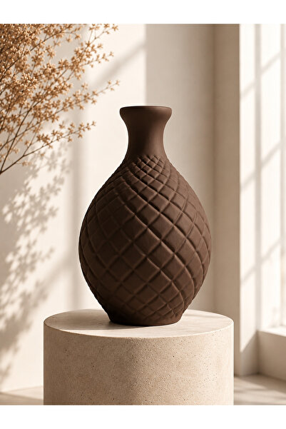 Lui Tasarım Brown Elegant Vase Square Patterned High-Necked Nordic Style Bohe...