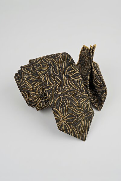 Milleniva Retro Shawl Patterned Black Gold Tie & Handkerchief
