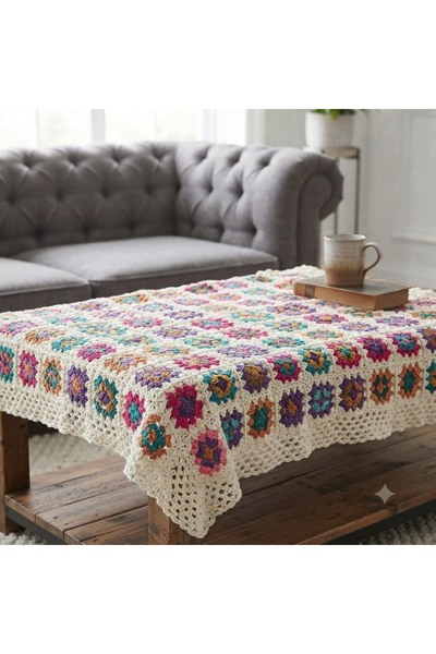 eL&Ma Design El Örgüsü Etnik Otantik Motifli Ekru Koltuk Şalı (95 cm X 95 cm)