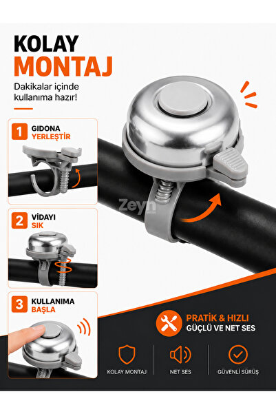 Zeyn Gross Renkli Metal Bisiklet Zili | Güçlü Uyarı Sesi | Kolay Montaj | Şeh...