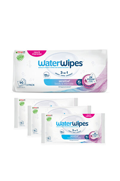 WaterWipes Sensitive+ Body & Intimate Wipes, 90 Count (3 Packs), 3-In-1 Clean...