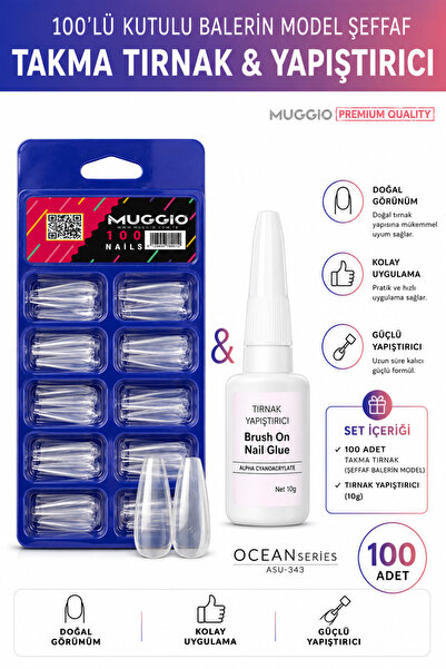 Muggio 100'lü Kutulu Balerin Protez Takma Tırnak + Tırnak Yapıştırıcısı 10gr