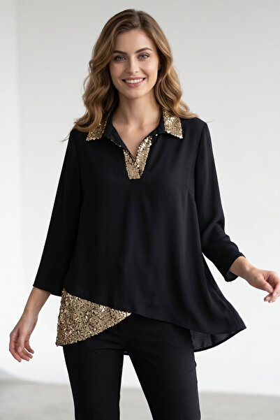 Maya Butik Polo Yaka Leopar Detaylı Bluz - 21969