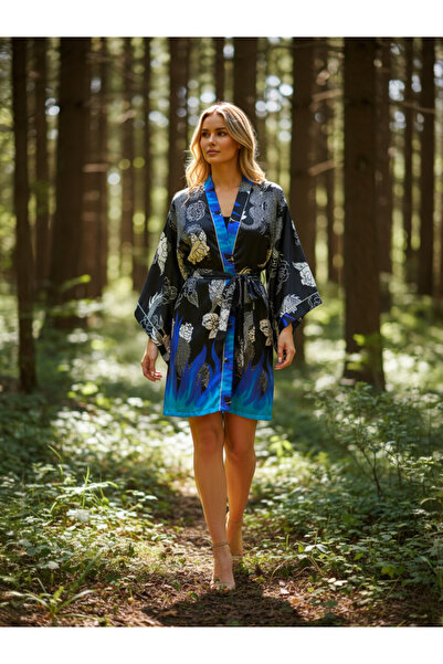 Magic BAlance Ejderha Desenli Mavi Alev Detaylı Kadın Kimono | 888Balance