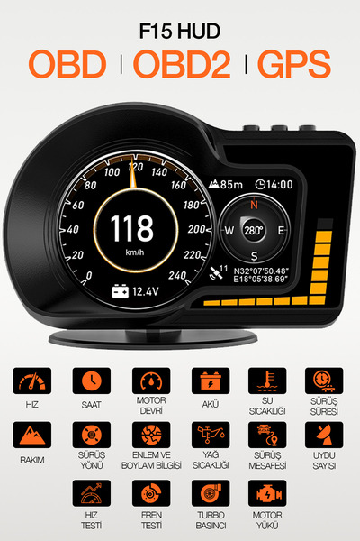 RELAXUS F15 HUD OBD OBD2 Dijital Kilometre RPM Su Sıcaklığı Basınç Hararet Ar...