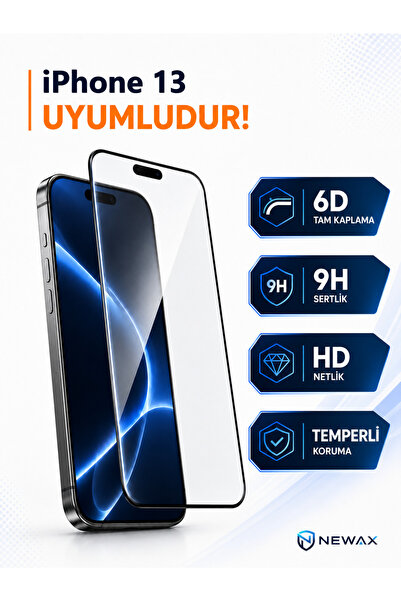 NEWAX iPhone 13 Uyumlu 6D Ekran Koruyucu 9H Temperli Tam Kaplayan Kırılmaz Ca...