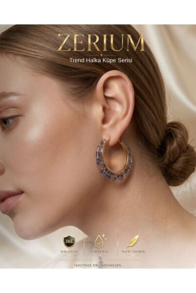 ZERİUM Trend Women's Steel Hoop Earrings with Glitter Inside Light Purple Tra...