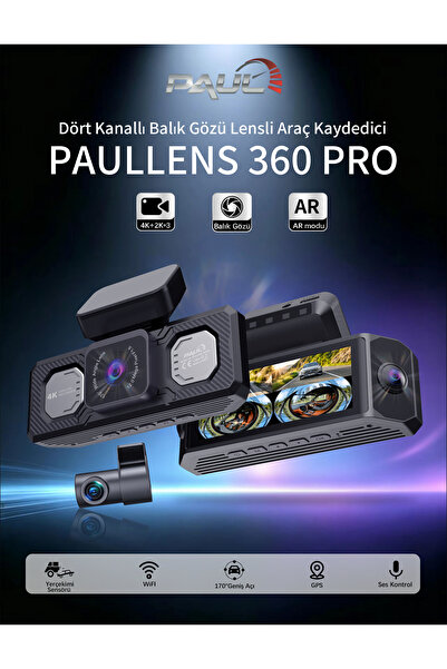 PAULLED PAUL LENS 360Pro 4K Yapay Zekalı 4 Göz Araç Kamerası, Ön Arka Plaka O...